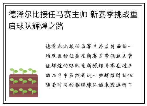 德泽尔比接任马赛主帅 新赛季挑战重启球队辉煌之路